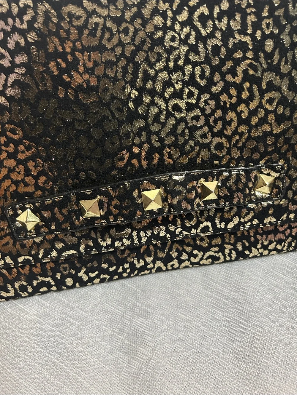 Betsey Johnson Gold on Black Velvet Leopard Print Chain Clutch with Stud Strap